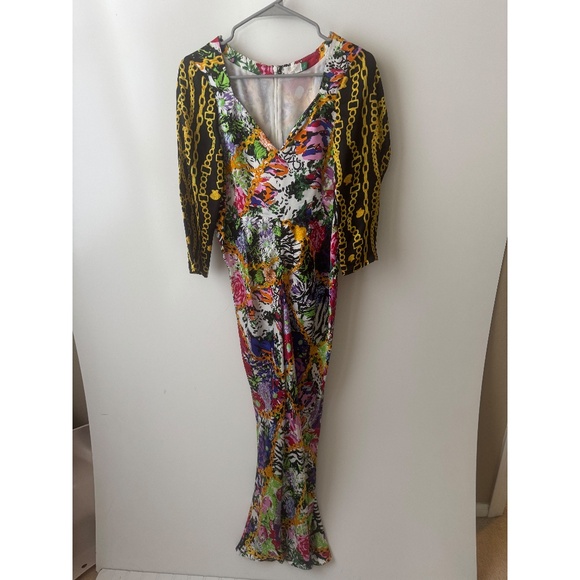 RIXO London Madonna Mixed Floral Chain Print Midi Dress Black Gold Red L - Picture 2 of 8